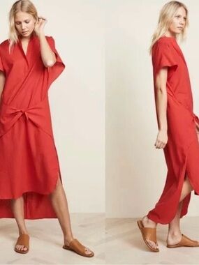 Vince red cotton-twill tie-front midi dress casual luxe understated elegance
